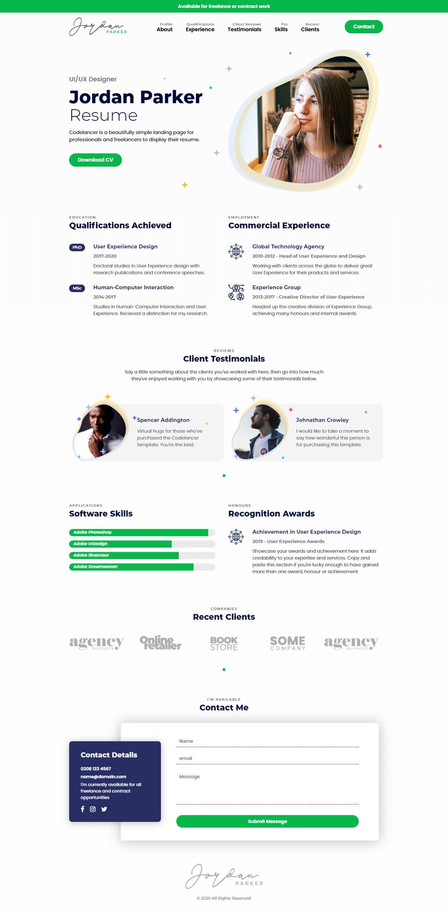 CODELANCER - Personal HTML Resume / CV Landing Page Template for Freelancers and Professionals - 1